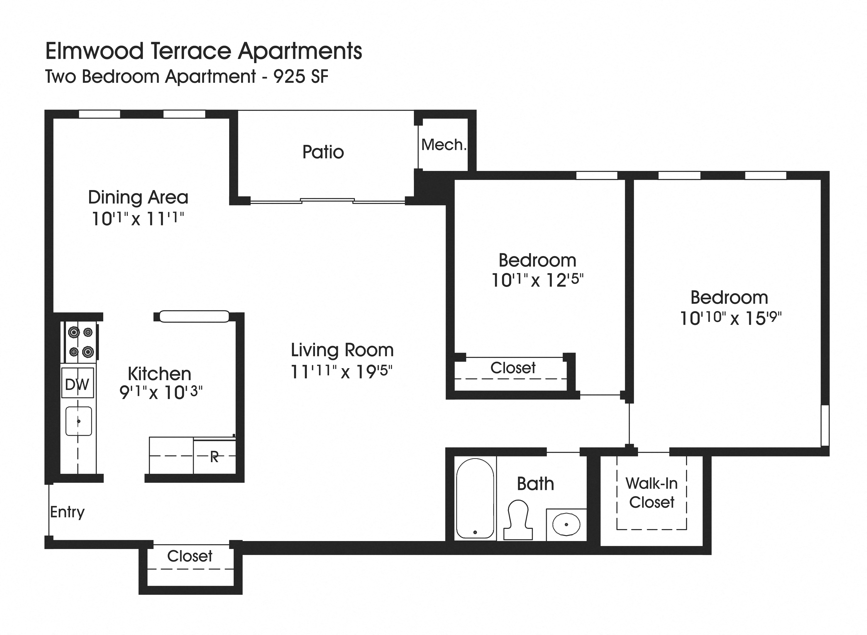 Floor plan for 2 beds, 1 bath, 925 sqft
